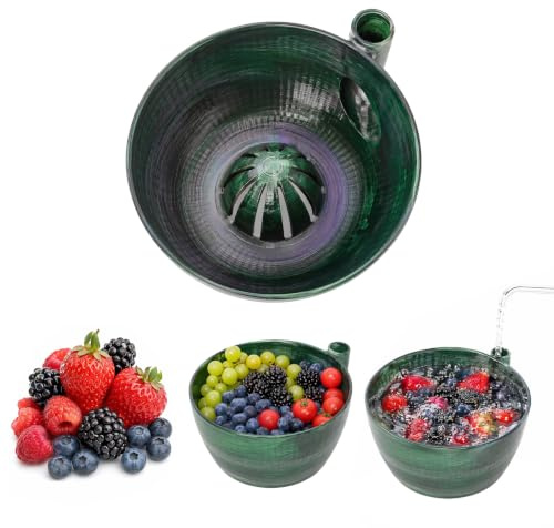 Bol para Frutas con Limpieza Giratoria 360°, Bol para Lavar Frutas con Drenaje Rápido, Cuenco Frutas Efecto Cerámica Verde para Fresas, Uvas y Arándanos