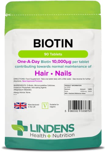 Lindens - Biotin 10,000mcg - 90 Tablets - UK Made - Maintenance of Normal Hair, Skin & Nail, Normal Metabolism - Ultra-Potent 20000% NRV Strength - Letterbox Friendly