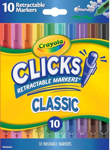 CRAYOLA Clicks Marker Pens - 10 Pack Retractable Washable Capless Marker Colouring Pens 2 in 1 Conical Tip for Thin and Thick Lines for School Home and Travel, Kids and Adults
