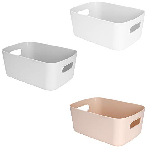 Aufbewahrungskorb Kunststoff Pantry Organizer Korb Stapelbare mit Griffen 22 x 14 x 10 cm, 3PCS Haushalt Aufbewahrungsbox Kleine für Küchen Regal, Badezimmer, Kosmetik, Kinderzimmer, Schrank