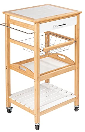 WENKO Küchenwagen Finja, Servierwagen aus nachhaltigem Bambus/MDF im Scandi-Style, Beistellwagen mit Schublade, Drahtkorb, herausnehmbarem Tablett & Ablage, vielseitig einsetzbar, 49 x 81 x 38 cm