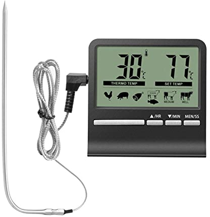 CAM2 Thermomètre de four, thermomètre de cuisson, équipé d'un grand écran numérique, minuteur, sonde en acier inoxydable 304, avertissement de haute température, mesure précise de la température