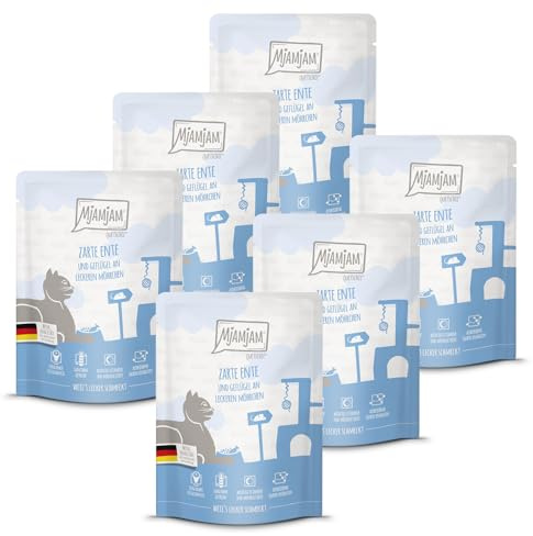 MjAMjAM - nourriture humide premium pour chats - Quetschie - tendre canard & volaille avec de délicieuses carottes, pack de 6 (6 x 300 g), sans céréales avec supplément de viande