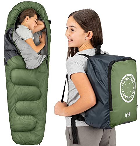 Trail Schlafsack Kinder Mumienschlafsack als Schlafsack 3 Jahreszeiten für Camping – 300gsm – für Jungen und Mädchen – mit Leichtem Transportrucksack - Khaki