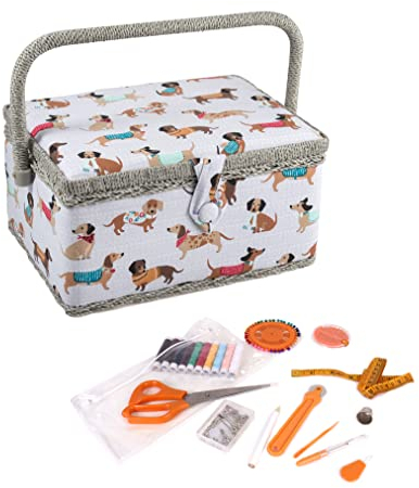Hobby Gift Exklusive vorgefüllte Nähbox, Bastel-Aufbewahrungsbox mit 94-teiligem Nähset inklusive, 18,5 x 25,5 x 14,5 cm, Dackel