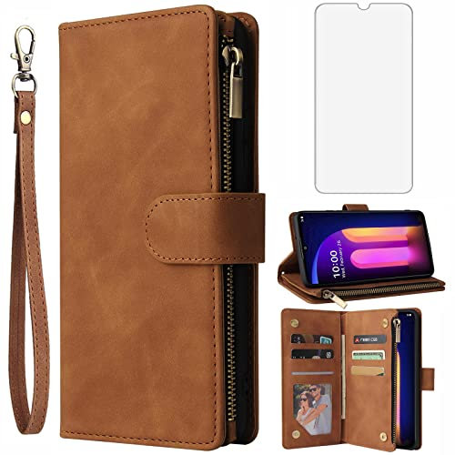 Asuwish Compatible with LG V60 ThinQ V60ThinQ 5G G9 Thin Q Wallet Case Tempered Glass Screen Protector and Leather Flip Cover Card Holder Cell Phone Cases for LGV60 V 60 60ThinQ 60V Women Men Brown