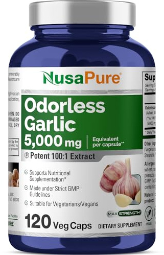 NusaPure Odorless Garlic 100:1 Extract, 50 mg Equivalent to 5000mg Capsule | 120 Veggie Caps | High Potency | Herbal Supplement | Non-GMO | Vegan