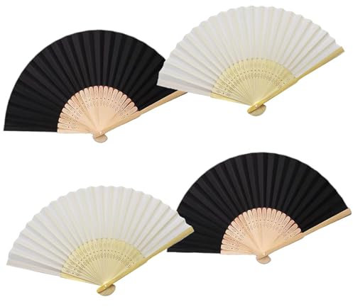 wodehahagou 4 PCS Hand Fan Folding Black White Fan for Dancing Paper Fans Wooden Personal Folding Hand Fan for Wedding DIY Bamboo Crafts Solid Color Fan with Ancient Style Blank Paper Folding Fan