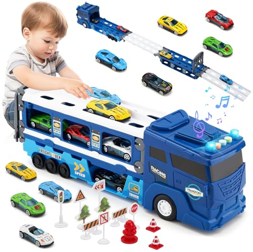 Sitodier Transport Truck Auto Spielzeug für Jungen, Rennstrecke Lastwagen Spielzeug für Kinder im Alter von 3 4 5 6 mit 6 Rennwagen, Transporter Träger Lastwagen Fahrzeuge Spielzeug für Jungen Mädchen