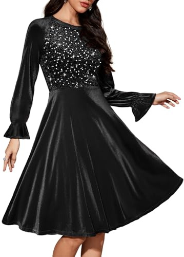 Bbonlinedress Sammet paljett cocktail långärmad klänning för kvinnor sammet vintage bröllop gäst midi-klänning, Svart, XL