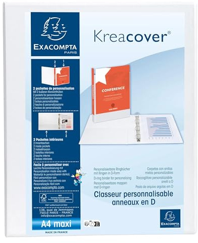 Exacompta - Rif. 51922E - Cartone da 10 raccoglitori personalizzabili, 2 tasche, 2 anelli a D da 30 mm, dorso 47 mm, dimensioni esterne: 32 x 27,7 cm, formato A4 Maxi bianco