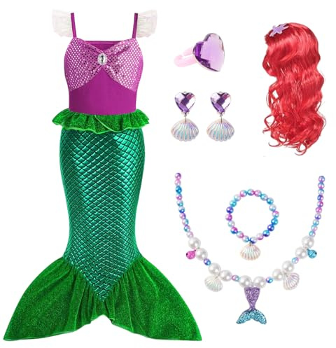 AOOWU Sjöjungfrudräkt för barn, prinsessklänning, set med tillbehör, Lilla sjöjungfrun, dräkter för 3–9 år, Ariel, glitter, dräkt för flickor, för halloween, cosplay, karneval