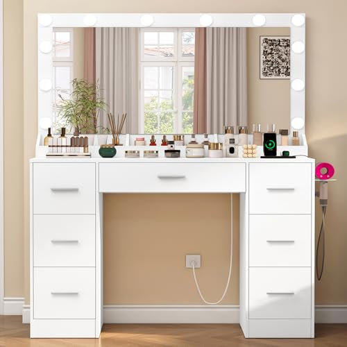 TEENFON Schminktisch mit Beleuchtung, 7 Schubladen & 3 offene Zellen, Schminktisch mit Spiegel und Steckdose, Moderner Kommode, Schlafzimmer, Weiß