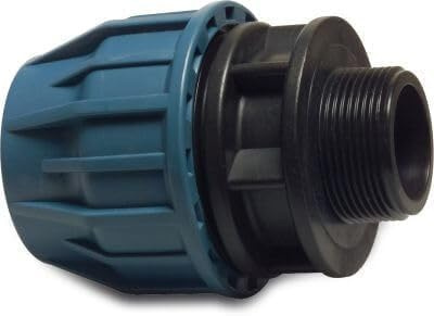 PP klämkoppling 20 mm x 3/4 tum AG – klämma x utvändigt gänga | 16 bar tryck | PE-rörfitting svart/blå koppling | För dricksvatten (DVGW/KIWA/WRAS/SVGW)