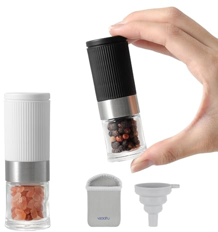 vzaahu Mini Salt and Pepper Grinder Set Black and White with Bag and Funnel, Small Travel Portable Spice Tools, Adjustable Coarseness, Refillable, Ceramic Burrs Seasoning Mills for Cooking, BBQ, RV