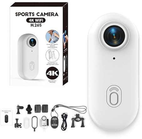 Generico GoSnap 4K Thumb Action Camera with 360° Rotation Spring Clip - Wearable Mini Body Cam for Outdoor Cycling Skiing Sports (White)