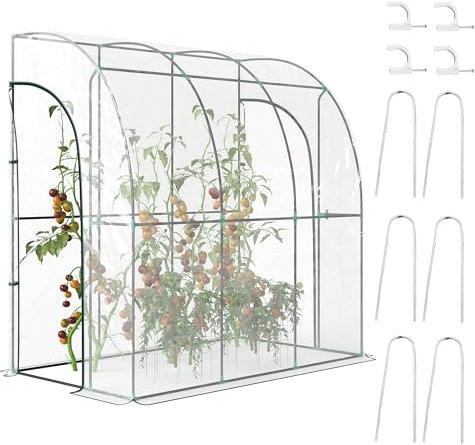Outsunny Walk-In Greenhouse with Zipped Roll Up Doors, Lean-to Small Greenhouse with Plastic Cover and Sloping Top for Flowers, Vegetables and Herbs, 214cm x 118cm x 212cm, Clear