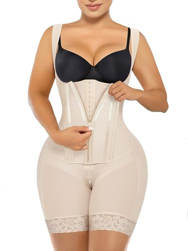 SHAPERX Fajas Colombianas Shapewear for Women Tummy Control Body Shaper Postpartum Hip Enhancer with Zipper and Hooks,SZ7307-Beige-S