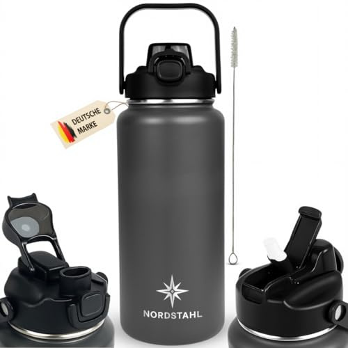 NORDSTAHL Thermosflasche 2L | 2-in-1 Deckel mit Strohhalm | 100% Spülmaschinenfest | 24h Eiskalt | 6h brennend heiß | Isolierflasche 2L | Trinkflasche 2L Edelstahl | BPA-frei & auslaufsicher