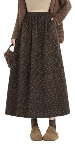 chouyatou Women's Vintage Wool Floral Long Skirt Elastic Waist A Line Pleated Wool Blend Skirt with Pockets (Small, Coffee)