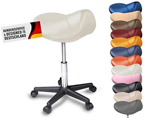 Sattelhocker mit Rollen Sattelstuhl ergonomisch - Rollhocker Drehhocker Arbeitshocker Bürostuhl mit Sattelsitz - Hocker höhenverstellbar in vielen Farben - vorbeugend gegen Rückenschmerzen (Weiß)