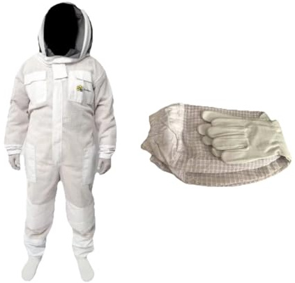 Bee Suits SRVG - Traje de Abeja con Guantes Gratis Capa 3X Seguridad Ultra ventilada Protección Unisex Tela Blanca Malla Traje de Apicultura Traje de Apicultor Traje Velo Redondo (2XL)