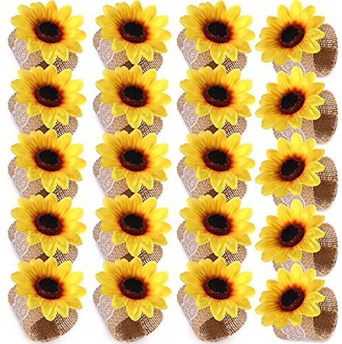 Patelai 20 Pieces Sunflower Napkin Ring Holders Farmhouse Spring Napkin Rings for Sunflower Wedding Party Table Decoration