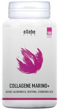 Exebe Line 180 Capsule Collagene Marino 2.200 mg, Acido Ialuronico 200 mg, Biotina Q10, Vitamina C, Integratore per Capelli, Pelle, Articolazioni, Potente Antirughe, Made in Italy