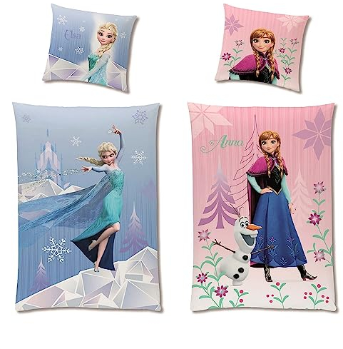 Disney Die Eiskönigin Winter Bettwäsche Set 135x200 80x80 cm · Frozen Mädchenbettwäsche mit Anna und ELSA · Motiv Diamonds aus 100% Baumwolle Flanell Qualität mit Reißverschluss