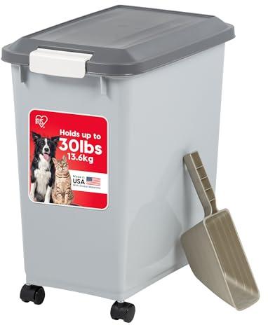 IRIS USA Dog Food Storage Container with Wheels, Airtight Lid, 2-Cup Scoop, Up to 30 Pounds Pet Food Storage, Built in Scoop Storage in Lid, Versatile Pet Food Bin, Portable, BPA Free, Gray/Dark Gray