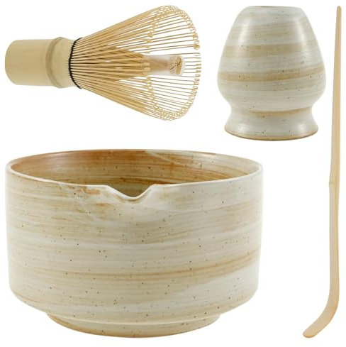 4Pcs Matcha Whisk Set, Matcha Tea Set with Whisk and Bowl, Matcha Spoon, Whisk Holder, Handcrafted Matcha Kit for Traditional Japanese Tea, Handmade Matcha Making Kit for Tea Lovers (Style 1)