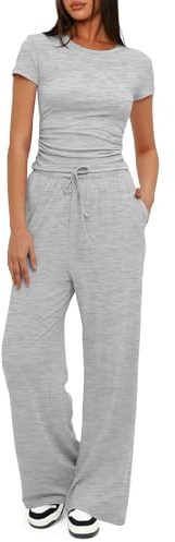 crazy bean Ensemble Survetement Femme à Taille Haute et Cordon de Serrage Tenue de Sport ÉLéGante et DéContractéE Pour Femmes 2-Piece Soft Short Sleeve Top Wide Leg Pants
