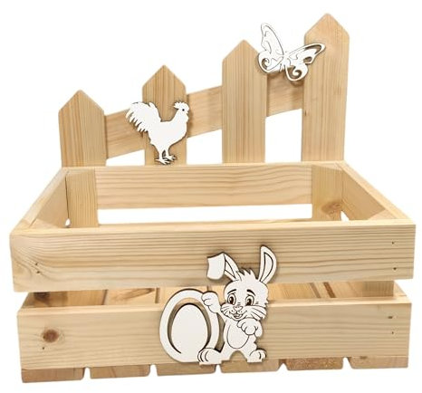 GoodFreshDecor Holzkiste Ostern Kiste Korb Osterkorb Deko Holz Osterhase Schmetterling Hahn Zaun Kiefernholz 30x20x12 cm Naturfarbe