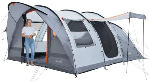 Skandika Tunnelzelt Egersund 5 XL Sleeper Protect | Camping Zelt für 5 Personen, eingenähter Zeltboden, dunkle Schlafkabine, 2 m Stehhöhe, wasserdicht, 5000 mm Wassersäule | Campingzelt (XL | Grau)