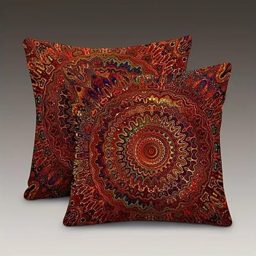 Decorative Linen Throw Pillow Covers, Mandala Pattern, Set of 2 18x18 pillows Red Fantasy Golden Mandala Bohemian Style Modern Decorative Square Pillowcases for Sofa Couch Bedroom Living Room Car