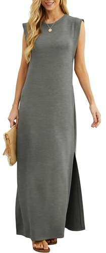 GRECERELLE Summer Maxi Dress Wedding Guest Maternity Party Casual Shirt Elegant Sleeveless Dresses for Ladies with Split and Pockets (Heather Grey,L)
