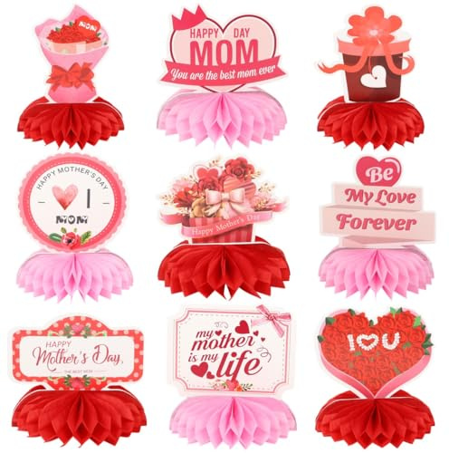 Centrotavola chic 3D per la festa della mamma, 9 pezzi, decorazioni da tavola a nido d'ape double-face, facili da usare per feste fai da te, per eventi con la mamma