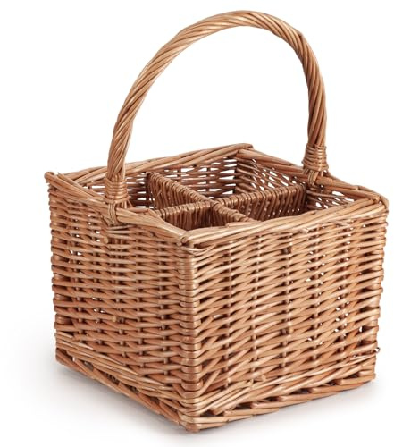 woodluv Square Willow Bottle Holder Basket with Carry Handle - 4 Section Wine & Drink Holder for Picnics, Parties, Natural