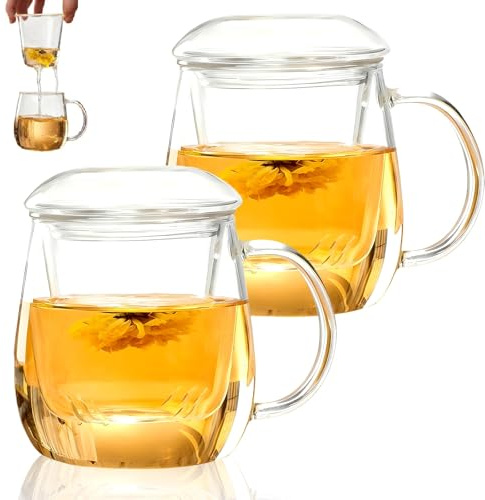 Set di 2 tazze da tè con coperchio e colino, tazza da tè grande, 500 ml, in vetro borosilicato, tutto in uno, con colino per tè sfuso, tè a foglia, tè fiorito, tazza grande con coperchio, resistente
