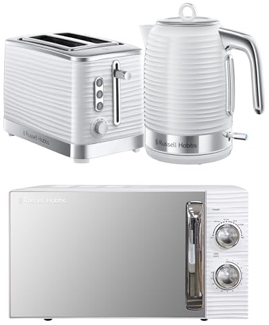 Russell Hobbs Inspire White Kitchen Set, 1.7L 2400W Kettle, 2 Slice Toaster with Variable Browning Levels & 17L 700W Microwave with 5 Power Levels, Defrost & Reheat Functions INSPBNDL2W