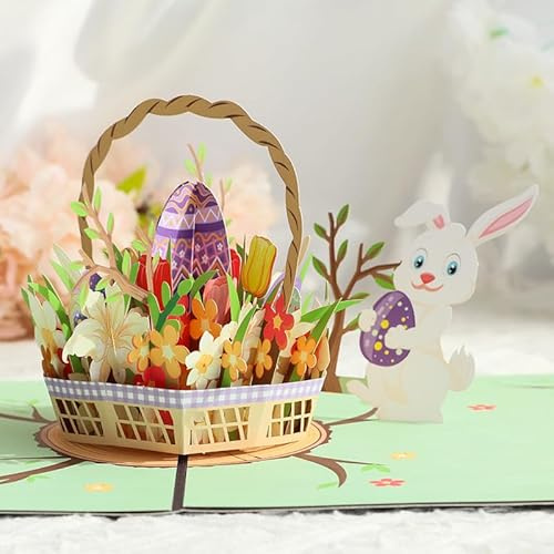 SilverChry Biglietto Pop-up, Biglietti Pasquali, Biglietti di Pasqua con Busta 3D, Coniglio 3D, uova e Cestino di Fiori (Pasqua)