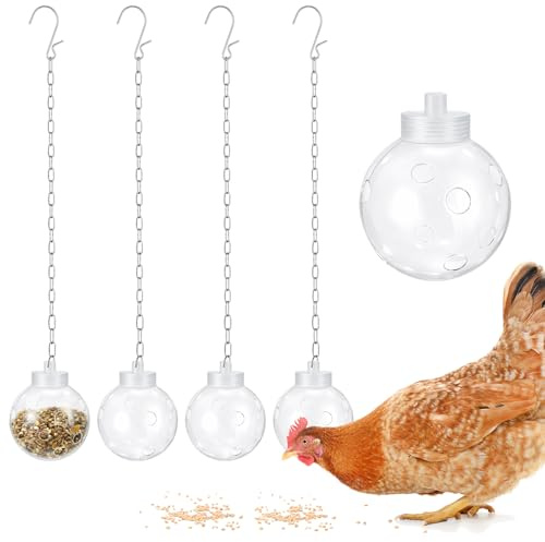 ciobz Hanging Chicken Treat Dispenser, Interactive Slow Feed Pecking Ball with Metal Hanging Chain, Foraging Enrichment Toy, Sturdy Coop Accessory for Backyard Hens and Domestic Poultry (4PCS)