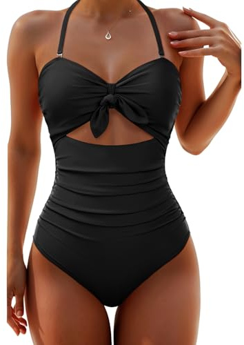 Tempt Me Women Black Sexy Cutout One Piece Swimsuits Tummy Control High Waisted Halter Front Tie Knot Bathing Suit M