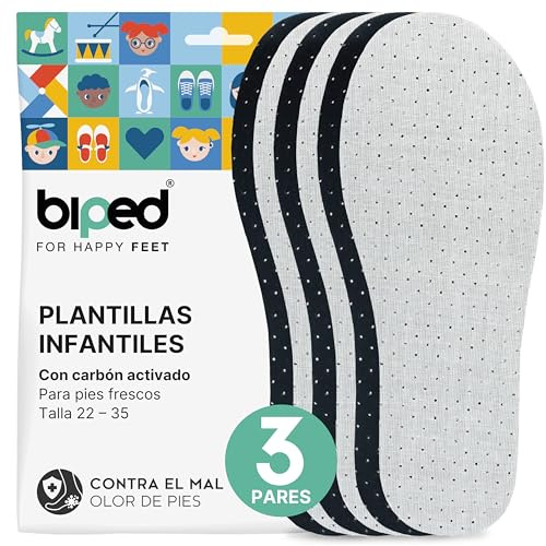 biped 3 pares de plantillas infantiles con carbón activo – plantillas contra el sudor y el mal olor – espuma de látex suave – frescor higiénico para pies y zapatos limpios z2768(28-29)