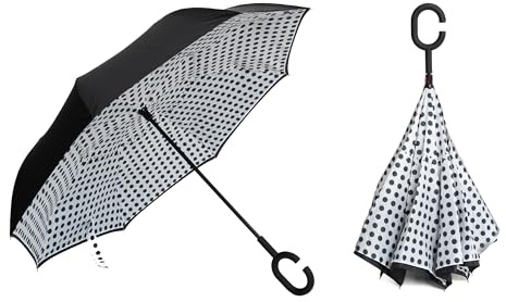Ombrello Rovescio, Ombrello Innovativo, Ombrello Doppio Strato, Ombrello Rovesciato con Manico a C (Punti neri)
