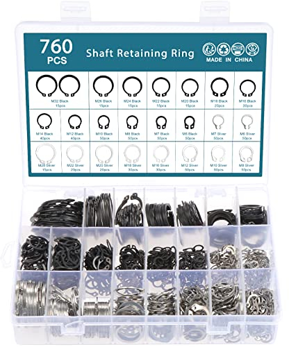 HSEAMALL Kit surtido de anillos de retención externos, juego de clips en C en ejes ranurados, pines, pernos (760 clips C negro + plateado)