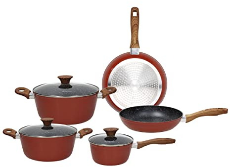 Tognana Rustic Stone, Batteria di pentole e padelle, Set con 2 padelle, 3 casseruole, 3 coperchi trasparenti, 8 Pezzi, Alluminio, Rosso