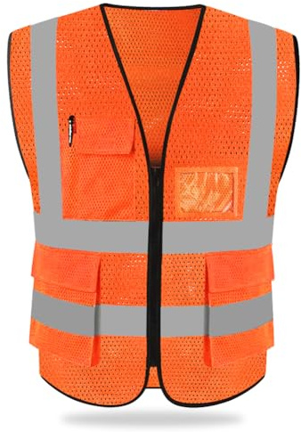 HYCOPROT Sicherheitswesten Warnweste Hohe Sichtbarkeit Reflektierendes Weste Executive Manager Jacke Zip 2 Band Brace (Orange-mesh, L)
