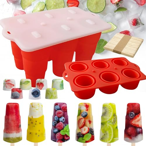 Stampi per Ghiaccioli in Silicone,stampini per gelato bambini per fare ghiaccioli Stampi per Gelato Pieghevoli, Stampo per a Rilascio Facile 6 Fori Stampi Ghiaccioli, DIY 2 in1 Set Stampini Gelato