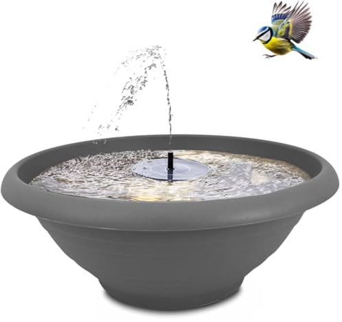 XXL Solarbrunnen Set für draußen 60 cm Schale grau - Dekoschale und Schwimmende Solar Springbrunnen Fontäne als Outdoor Wasserspiel - Außen Gartenbrunnen als Balkon Vogeltränke, Garten Vogelbad